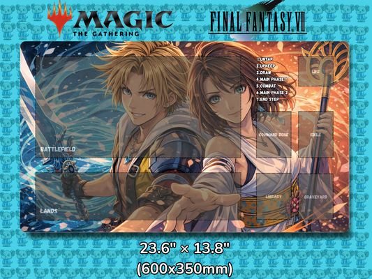 Playmat with character design featuring 'Magic: The Gathering' and 'Final Fantasy VII' logos on a blue background.