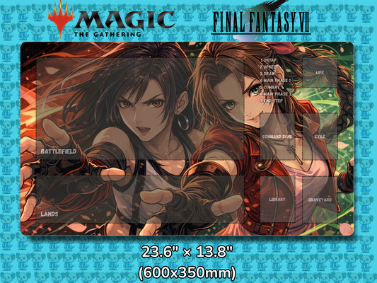 Playmat with character design featuring 'Magic: The Gathering' and 'Final Fantasy VII' logos on a blue background.