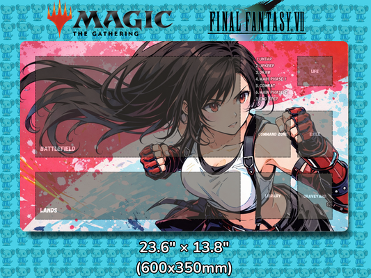 Playmat with character design featuring 'Magic: The Gathering' and 'Final Fantasy VII' logos on a blue background.