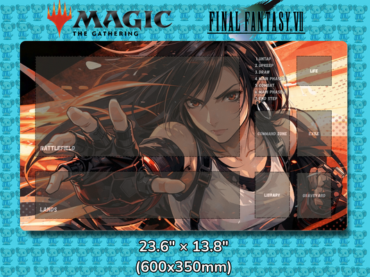 Playmat with character design featuring 'Magic: The Gathering' and 'Final Fantasy VII' logos on a blue background.