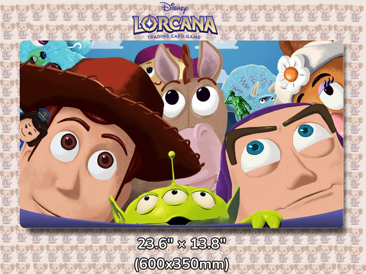 Playmat with character design featuring Lorcana Characters and logos on a beige background.