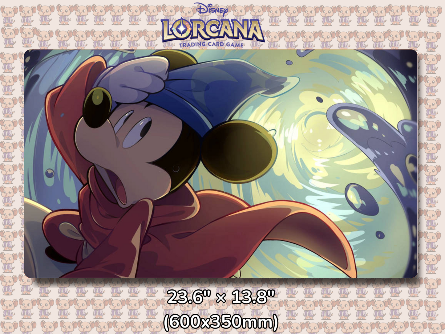 Playmat with character design featuring Lorcana Characters and logos on a beige background.