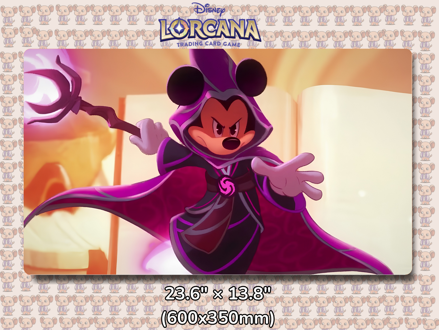 Playmat with character design featuring Lorcana Characters and logos on a beige background.