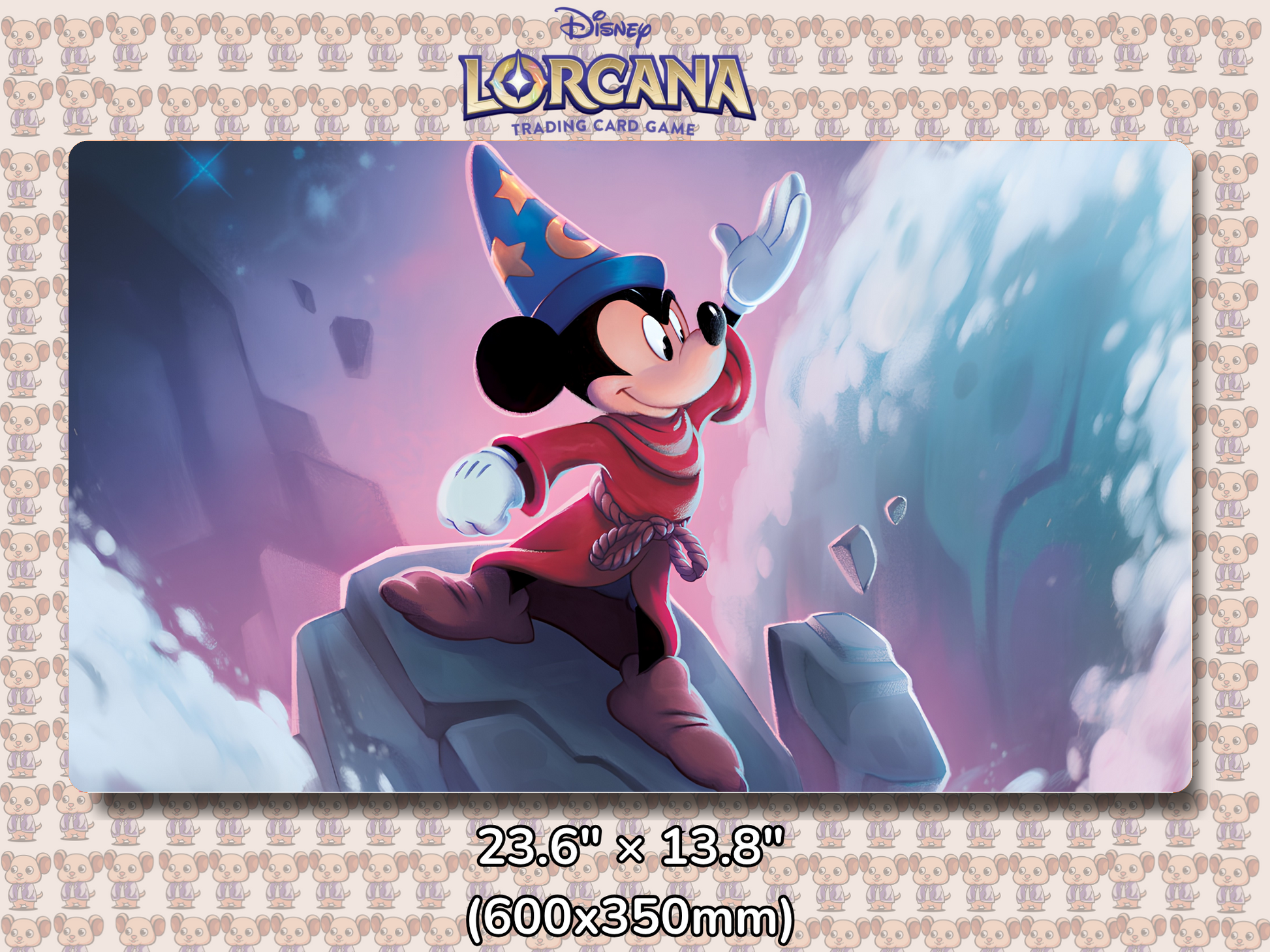 Playmat with character design featuring Lorcana Characters and logos on a beige background.