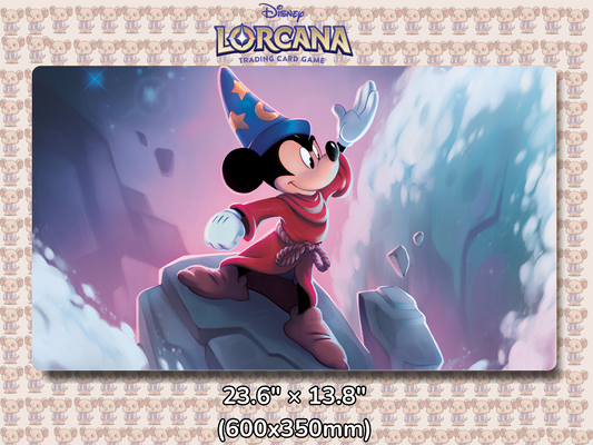 Playmat with character design featuring Lorcana Characters and logos on a beige background.