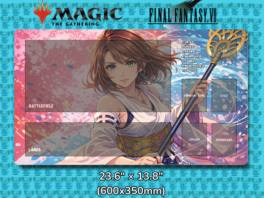 Playmat with character design featuring 'Magic: The Gathering' and 'Final Fantasy VII' logos on a blue background.